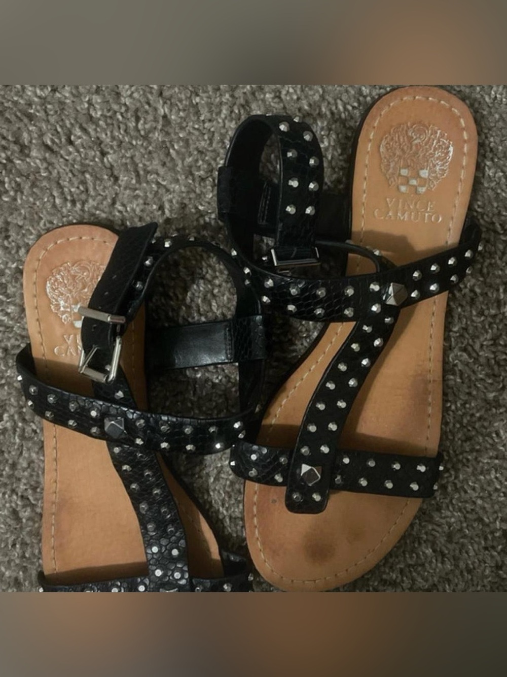 Vince Camuto Black Studded Slide Sandals with Tan Footbed